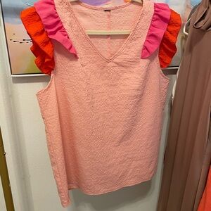 SHEIN Pink and Orange Ruffle Sleeve Blouse